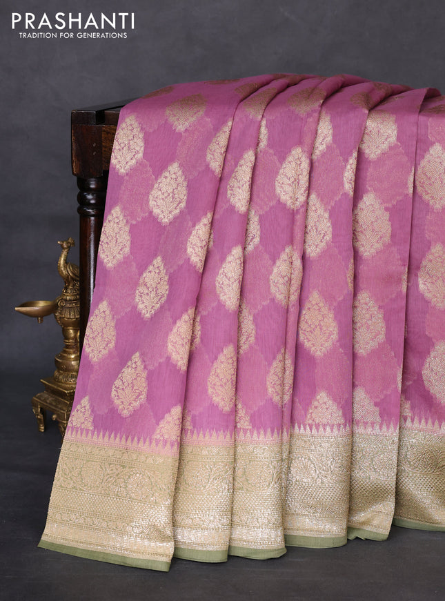 Banarasi silk cotton saree purple shade and pastel green with woven buttas and woven border