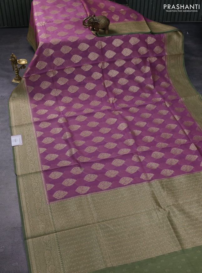 Banarasi silk cotton saree purple shade and pastel green with woven buttas and woven border