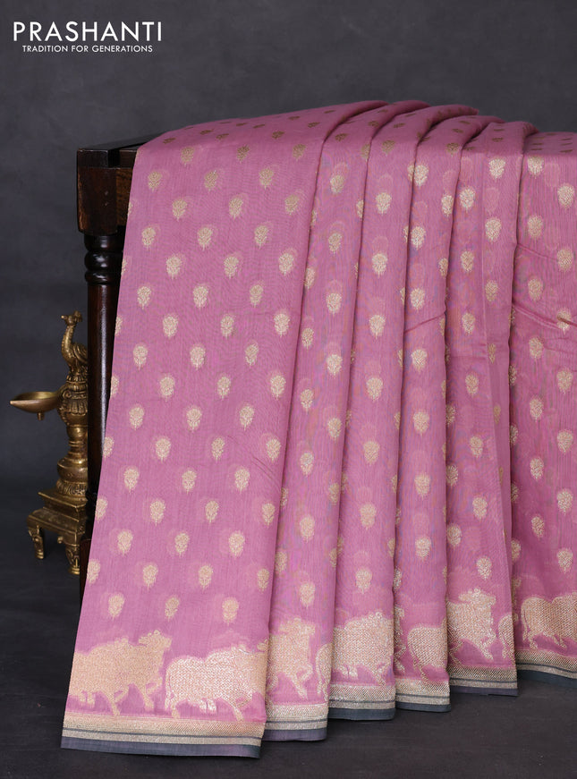 Banarasi silk cotton saree mauve pink and dark peacock blue with allover woven buttas and woven border