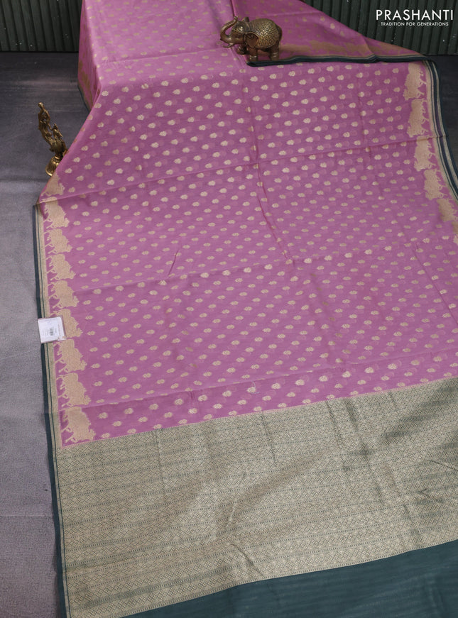 Banarasi silk cotton saree mauve pink and dark peacock blue with allover woven buttas and woven border