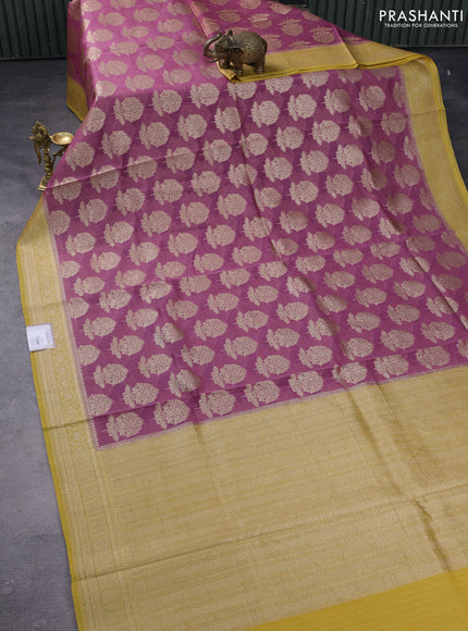Banarasi silk cotton saree mauve pink and yellow with woven buttas and woven border