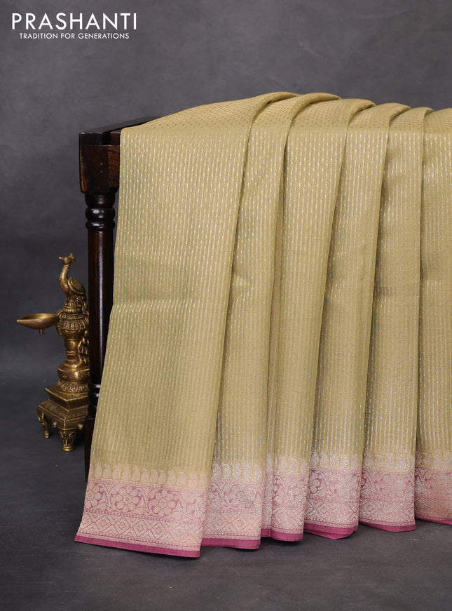 Banarasi tissue silk cotton saree mehendi green and wine shade with allover zari weaves and woven border