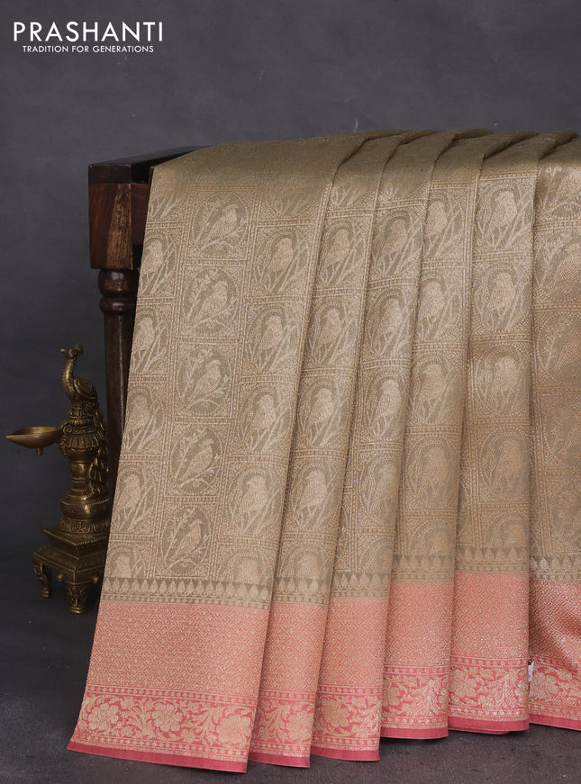 Banarasi silk cotton saree grey and pink shade with allover thread & zari woven brocade weaves and woven border