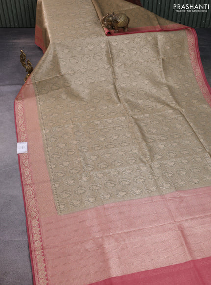 Banarasi silk cotton saree grey and pink shade with allover thread & zari woven brocade weaves and woven border