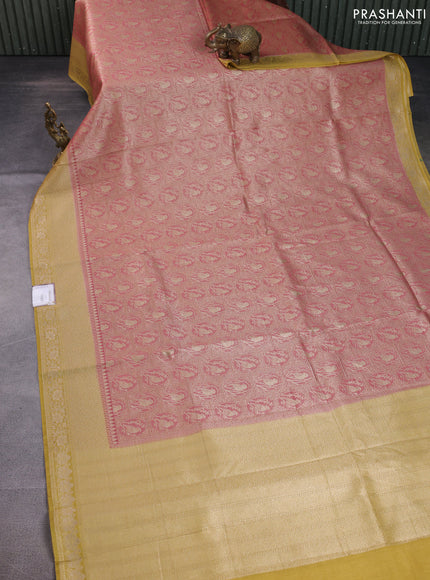 Banarasi silk cotton saree pink shade and yellow with allover thread & zari woven brocade weaves and woven border