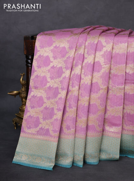 Banarasi silk cotton saree pastel purple and teal blue with allover zari weaves and zari woven border
