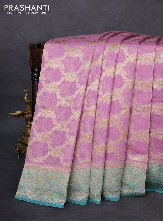 Banarasi silk cotton saree pastel purple and teal blue with allover zari weaves and zari woven border