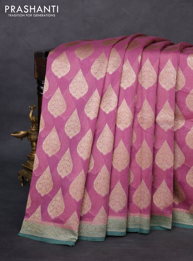 Banarasi silk cotton saree mauve pink and teal green with woven buttas and woven border