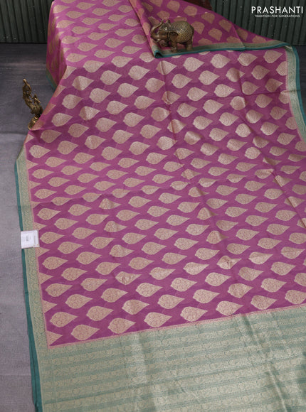 Banarasi silk cotton saree mauve pink and teal green with woven buttas and woven border