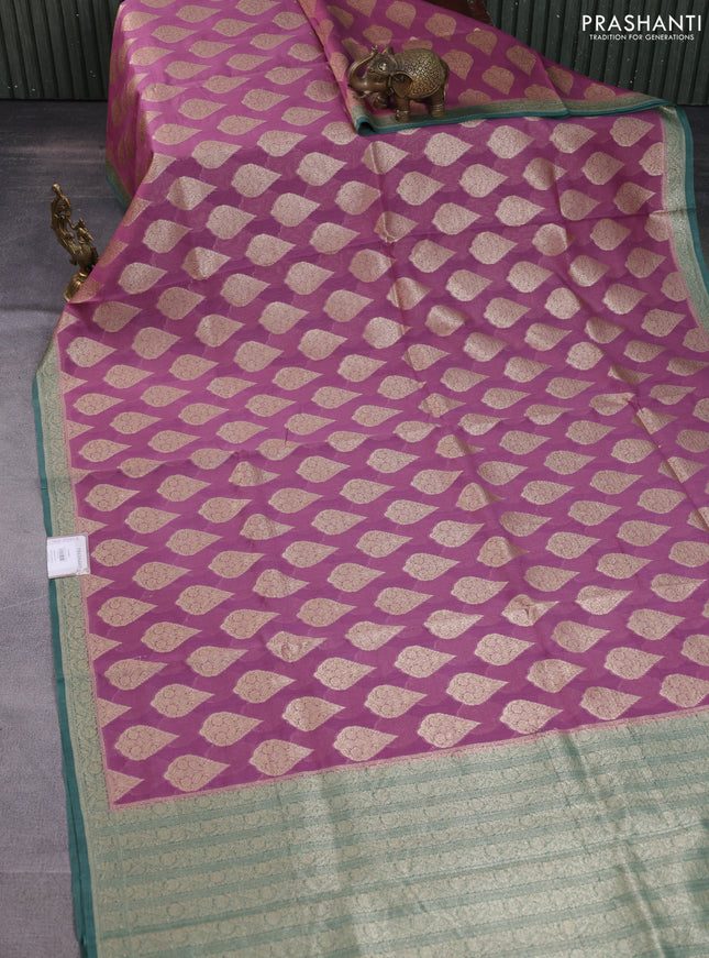Banarasi silk cotton saree mauve pink and teal green with woven buttas and woven border