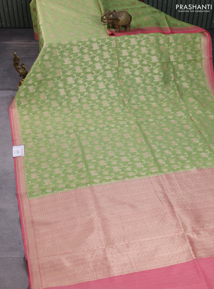 Banarasi silk cotton saree light green and pink shade with allover zari weaves and zari woven border