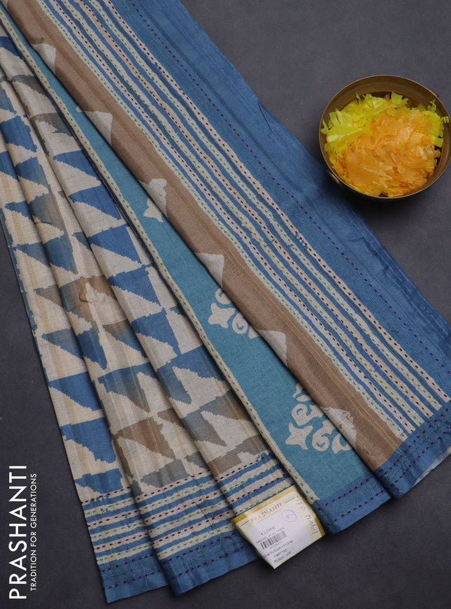 Semi tussar saree beige and blue with allover geometric prints and kantha stitch work border