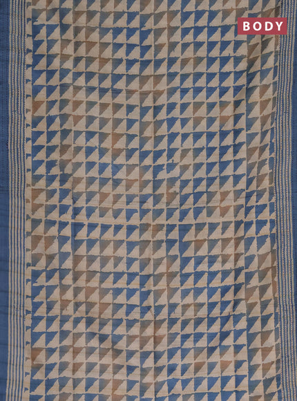 Semi tussar saree beige and blue with allover geometric prints and kantha stitch work border