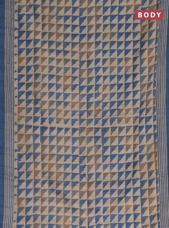 Semi tussar saree beige and blue with allover geometric prints and kantha stitch work border