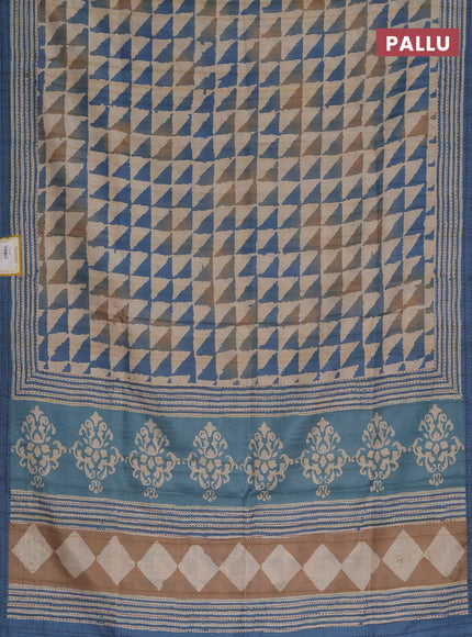 Semi tussar saree beige and blue with allover geometric prints and kantha stitch work border