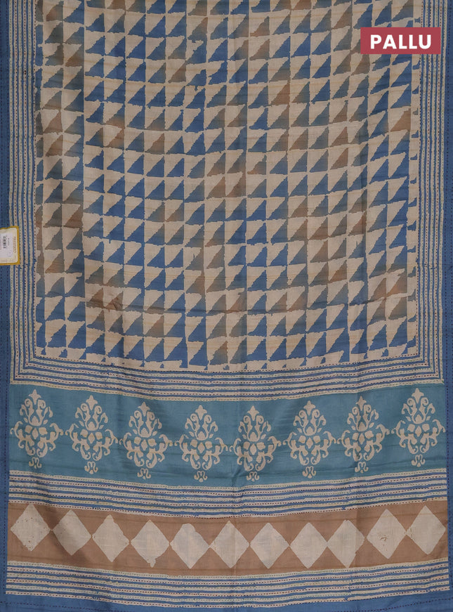 Semi tussar saree beige and blue with allover geometric prints and kantha stitch work border