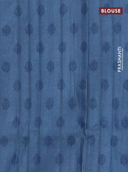 Semi tussar saree beige and blue with allover geometric prints and kantha stitch work border
