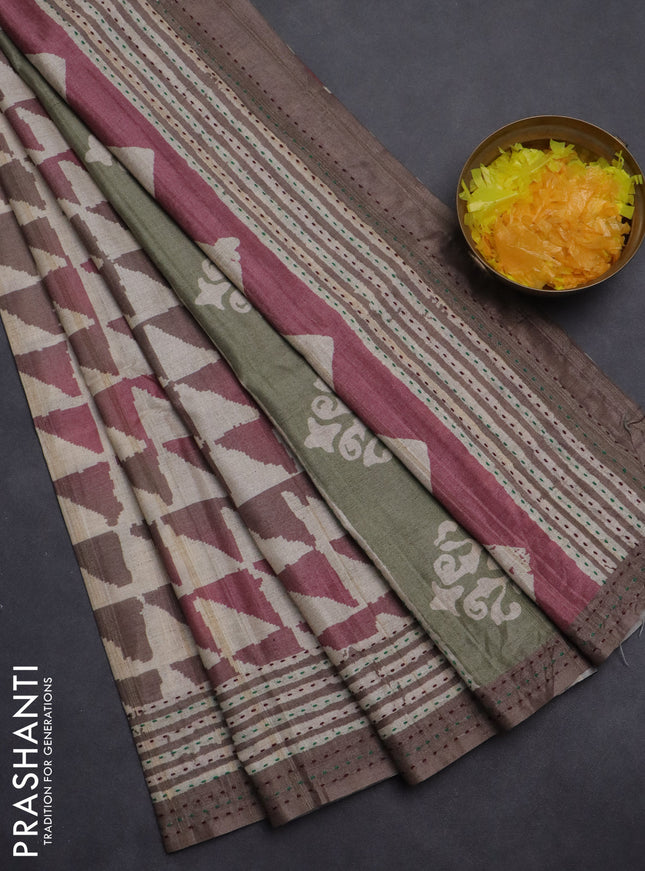 Semi tussar saree beige and brown with allover geometric prints and kantha stitch work border