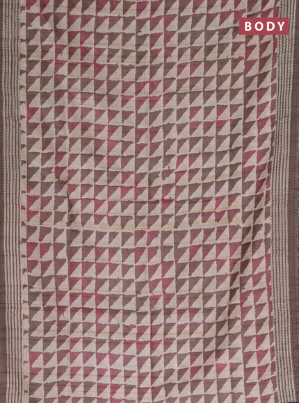 Semi tussar saree beige and brown with allover geometric prints and kantha stitch work border