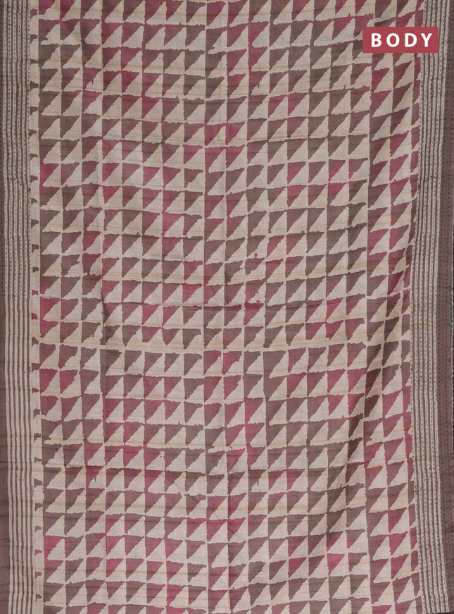 Semi tussar saree beige and brown with allover geometric prints and kantha stitch work border