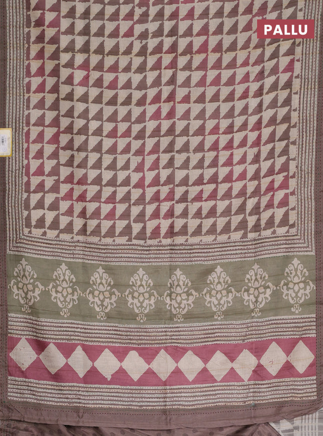 Semi tussar saree beige and brown with allover geometric prints and kantha stitch work border