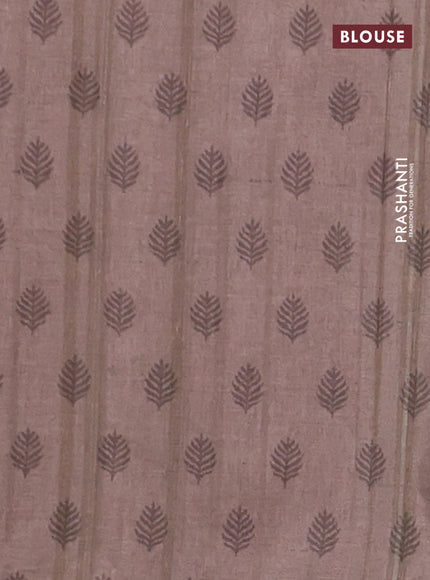 Semi tussar saree beige and brown with allover geometric prints and kantha stitch work border