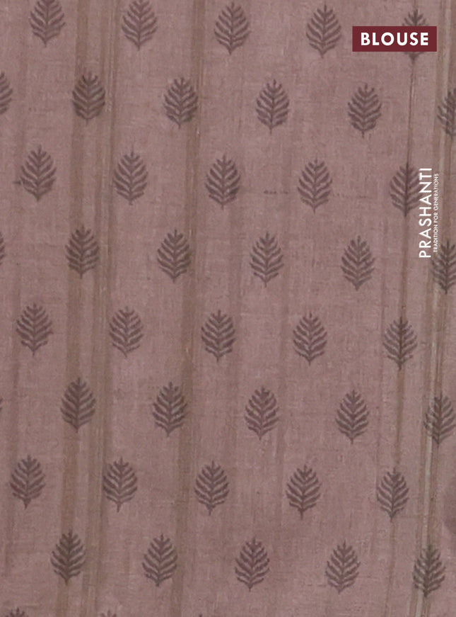 Semi tussar saree beige and brown with allover geometric prints and kantha stitch work border