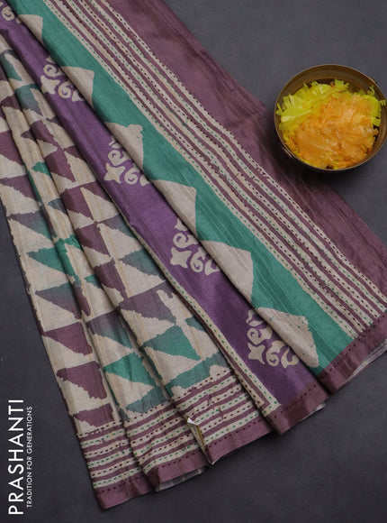 Semi tussar saree beige and rosy brown with allover geometric prints and kantha stitch work border