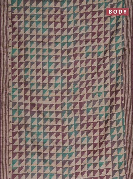 Semi tussar saree beige and rosy brown with allover geometric prints and kantha stitch work border
