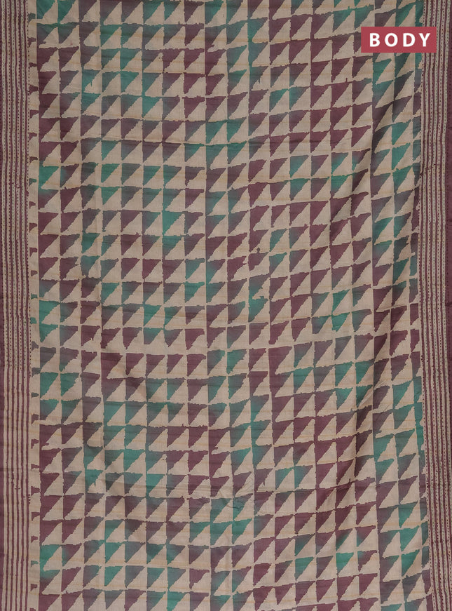 Semi tussar saree beige and rosy brown with allover geometric prints and kantha stitch work border