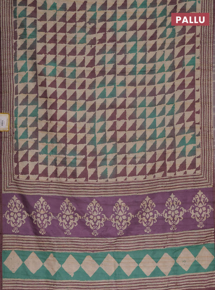 Semi tussar saree beige and rosy brown with allover geometric prints and kantha stitch work border