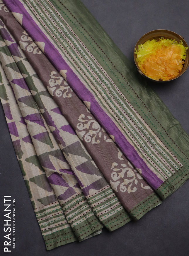 Semi tussar saree beige and sap green with allover geometric prints and kantha stitch work border