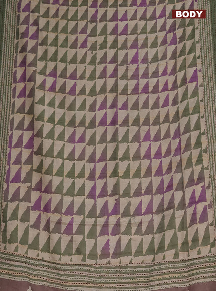 Semi tussar saree beige and sap green with allover geometric prints and kantha stitch work border