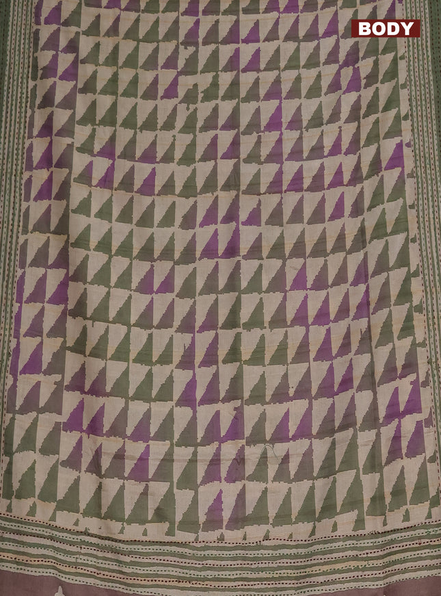 Semi tussar saree beige and sap green with allover geometric prints and kantha stitch work border