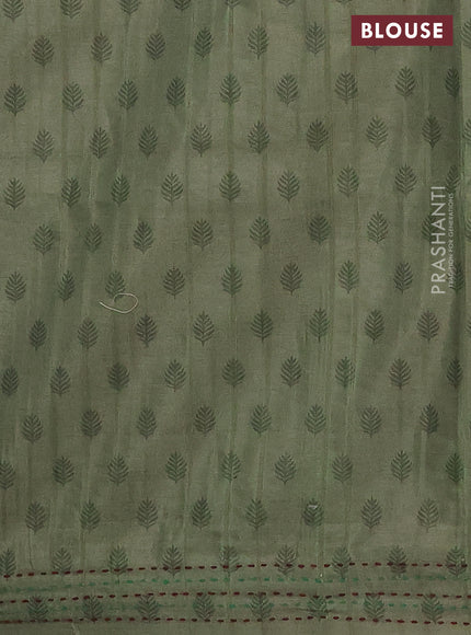 Semi tussar saree beige and sap green with allover geometric prints and kantha stitch work border