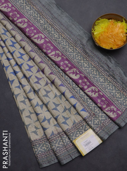 Semi tussar saree beige and grey shade with allover geometric prints and kantha stitch work border