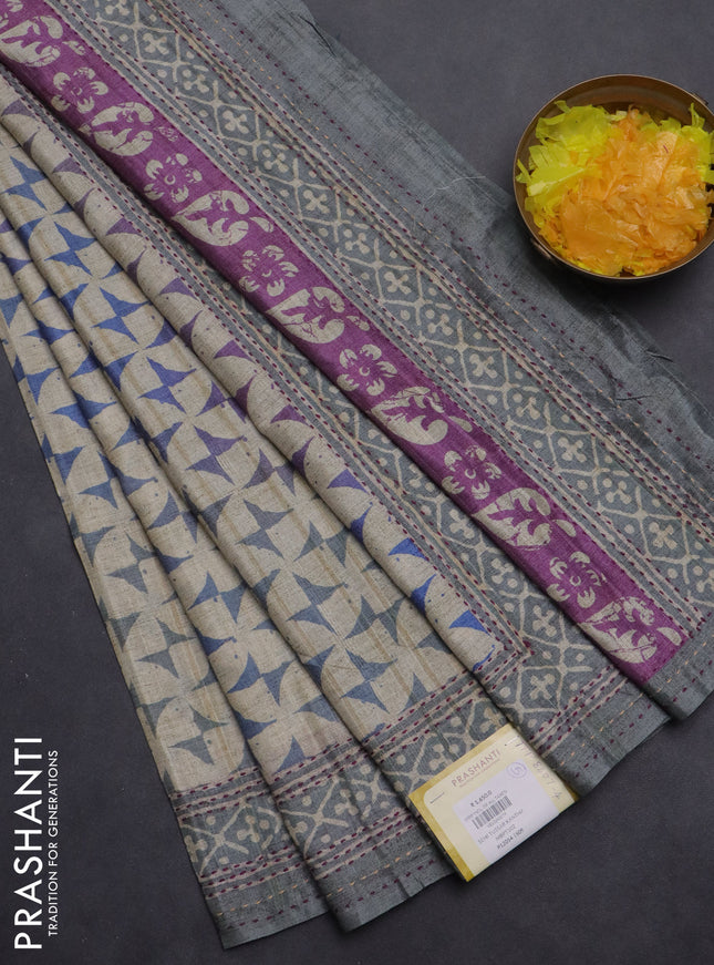 Semi tussar saree beige and grey shade with allover geometric prints and kantha stitch work border