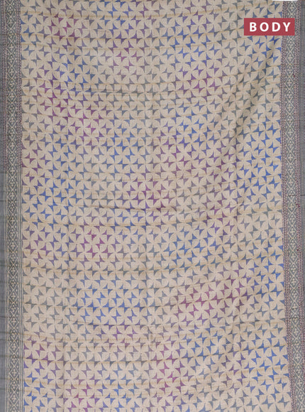 Semi tussar saree beige and grey shade with allover geometric prints and kantha stitch work border