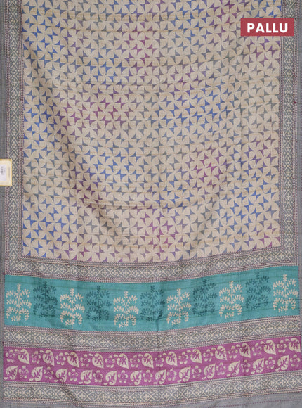 Semi tussar saree beige and grey shade with allover geometric prints and kantha stitch work border