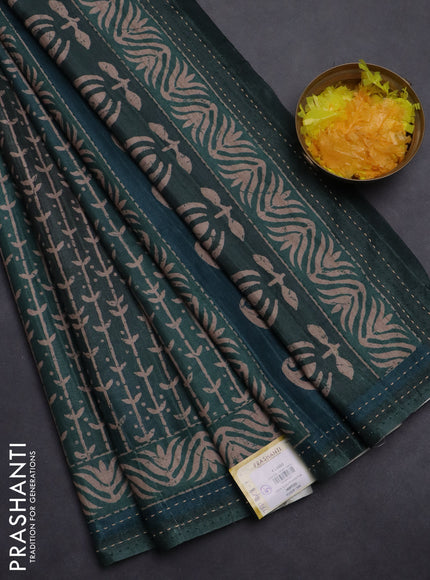 Semi tussar saree dark green with allover prints and kantha stitch work border