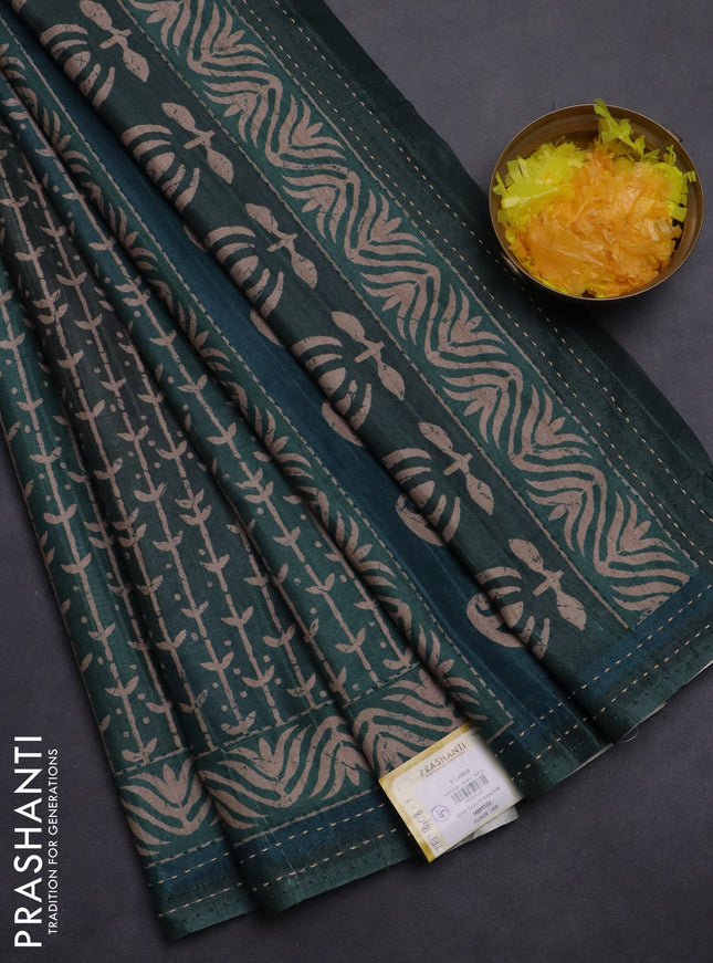 Semi tussar saree dark green with allover prints and kantha stitch work border