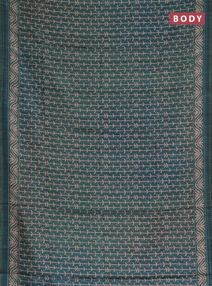 Semi tussar saree dark green with allover prints and kantha stitch work border