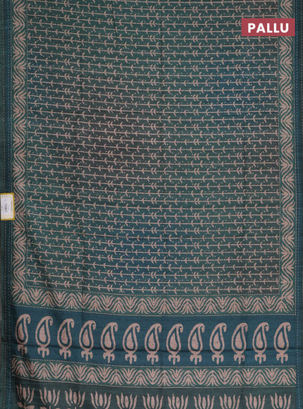 Semi tussar saree dark green with allover prints and kantha stitch work border