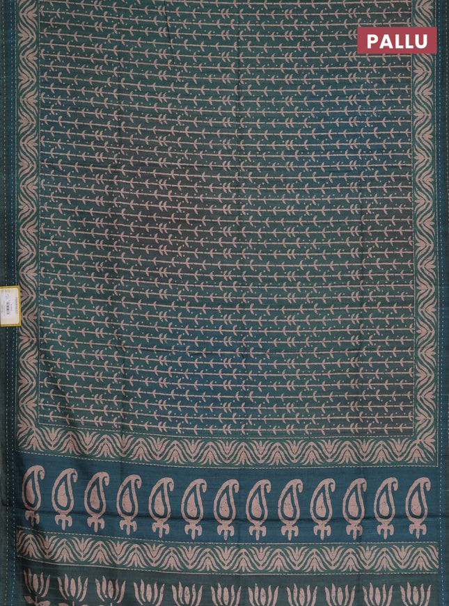 Semi tussar saree dark green with allover prints and kantha stitch work border