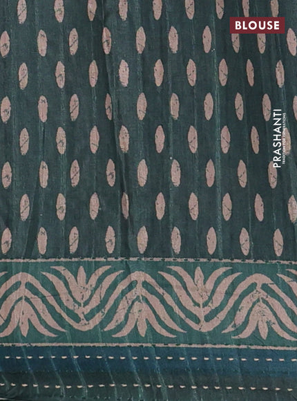 Semi tussar saree dark green with allover prints and kantha stitch work border