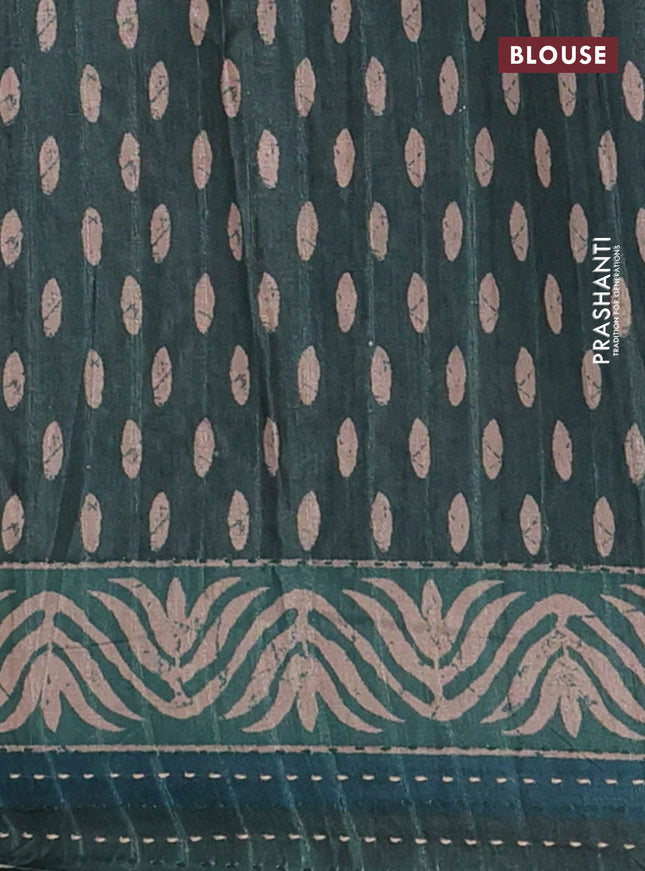 Semi tussar saree dark green with allover prints and kantha stitch work border