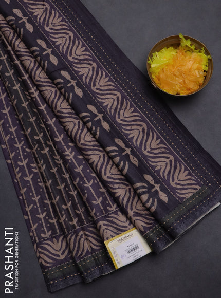 Semi tussar saree deep jamun shade with allover prints and kantha stitch work border