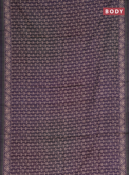 Semi tussar saree deep jamun shade with allover prints and kantha stitch work border