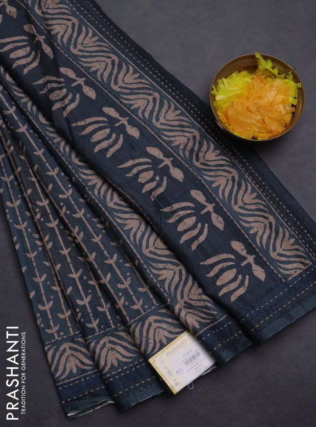Semi tussar saree dark peacock blue with allover prints and kantha stitch work border
