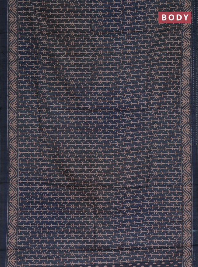 Semi tussar saree dark peacock blue with allover prints and kantha stitch work border